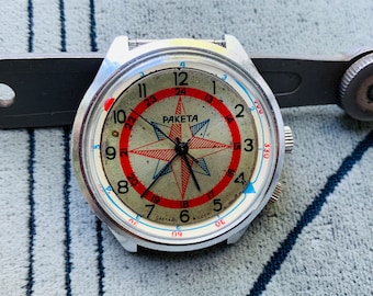 Collectible watch Raketa Compass Wind of Rose 2609 manual winding PChZ made in USSR/Men&#39;s Wrist Watch ROCKET Symbol of Sailors Petrodvorets