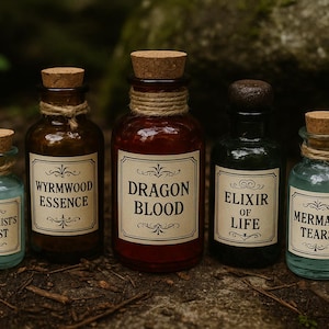 Può includere: Cinque bottiglie di vetro per pozioni con tappi di sughero ed etichette. Le bottiglie contengono liquidi di vari colori: blu, marrone, rosso e verde. Le etichette riportano "Alchemist's Frost", "Wyrmwood Essence", "Dragon Blood", "Elixir of Life" e "Mermaid Tears".