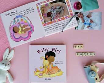 Baby Girl’s First Year MEMORY BOOK HARDCOVER Personalized Milestone Journal Story Book Album Newborn Welcoming Baby Shower Gift - V3