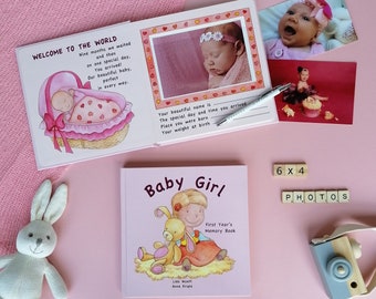 Baby Girl’s First Year MEMORY BOOK HARDCOVER Personalized Milestone Journal Story Book Album Newborn Welcoming Baby Shower Gift - V1