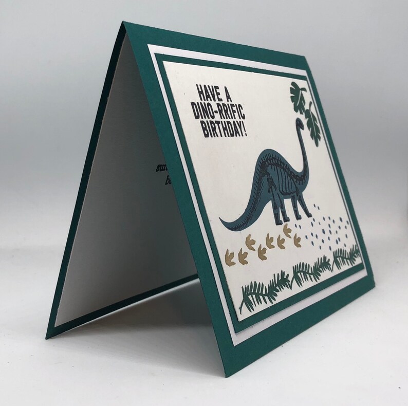 May include: A greeting card with a green border and a white interior. The front features a blue dinosaur illustration with the text "HAVE A DINO-RRIFIC BIRTHDAY!". The card has a layered design with a white and green border.