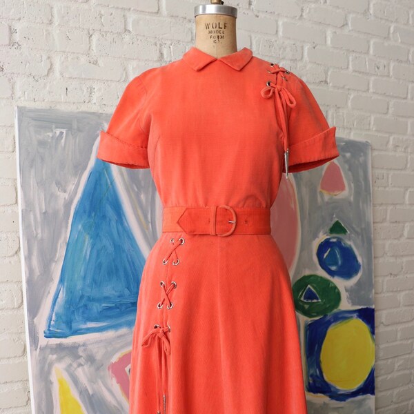 1940s Watermelon Lace Up Corduroy Dress