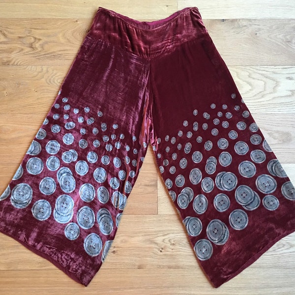 RESERVED 1930s Silk Velvet Pants / 30s Rarest Maroon Button Wide Leg Palazzo Trousers / Novelty Print