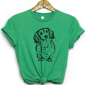 Long Haired Dachshund Head Tilt T-Shirt, Cute Dachshund Gift, Wiener Dog Shirt, Doxie Mom Shirt, Long Haired Dachshund Shirt Heather Kelly Green