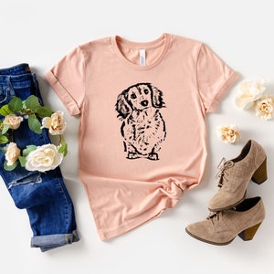 Long Haired Dachshund Head Tilt T-Shirt, Cute Dachshund Gift, Wiener Dog Shirt, Doxie Mom Shirt, Long Haired Dachshund Shirt Heather Peach