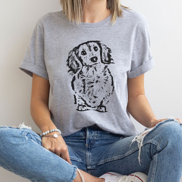 Long Haired Dachshund Head Tilt T-Shirt, Cute Dachshund Gift, Wiener Dog Shirt, Doxie Mom Shirt, Long Haired Dachshund Shirt