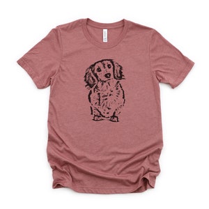 Long Haired Dachshund Head Tilt T-Shirt, Cute Dachshund Gift, Wiener Dog Shirt, Doxie Mom Shirt, Long Haired Dachshund Shirt Heather Mauve