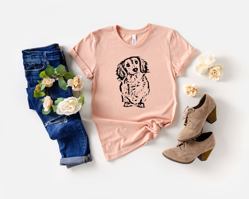 Long Haired Dachshund Head Tilt T-Shirt, Cute Dachshund Gift, Wiener Dog Shirt, Doxie Mom Shirt, Long Haired Dachshund Shirt Heather Peach