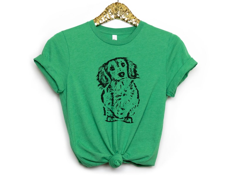 Long Haired Dachshund Head Tilt T-Shirt, Cute Dachshund Gift, Wiener Dog Shirt, Doxie Mom Shirt, Long Haired Dachshund Shirt Heather Kelly Green