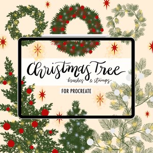 Può includere: Illustrazione digitale di pennelli e timbri a tema natalizio per Procreate. L'immagine presenta ghirlande, alberi di Natale e stelle rosse, verdi e bianche su sfondo crema. Il testo recita "Christmas Tree brushes & stamps FOR PROCREATE."