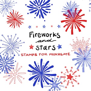May include: A set of digital stamps for Procreate featuring red and blue fireworks and stars. The text "Fireworks and stars" is written in black cursive.