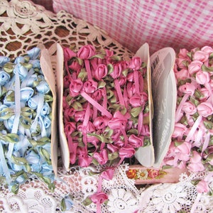 Vintage 1980's Ribbon Rosebuds by the Yard! Choice of Colors - Blue, Dark Pink, Light Pink