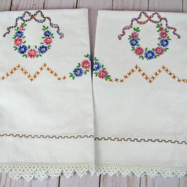 Pair of Vintage Floral Wreath and  Cross Stitch Embroidered Crochet Trim Pillowcases, 100% Cotton