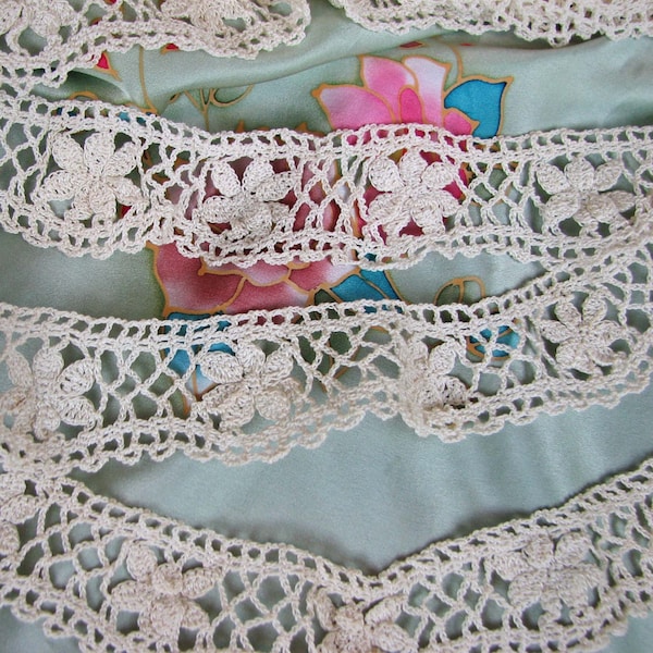 Antique 1900's Floral Cotton Crochet Lace 1 1/2" wide - 2 lengths - 1 yd 4" and 1 yd 5" - Chemise, Nightgown, Doll Clothes, Period Clothing