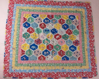 Cutest Little 1940's Child/Doll Quilt With Novelty Feedsack Prints 28 3/4" X 31 3/4"