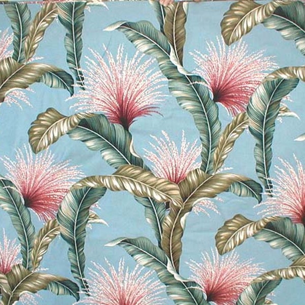 OOP Tropical Fronds & Tassels Barkcloth ~ Blue Background - 2 yards 24" X 58" - New Condition! Bark Cloth