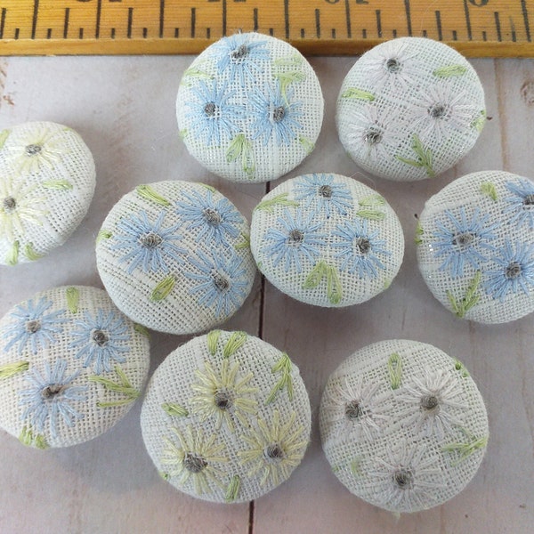 9 Vintage Upcycled Embrodery Covered Shabby Chic Buttons Made from Old Linen