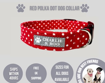 Red polka dot dog collar, Red dog collar, Dog collar, Fabric dog collar, Spotted dog collar, Dog gift, Canine fashion, Pet accessory