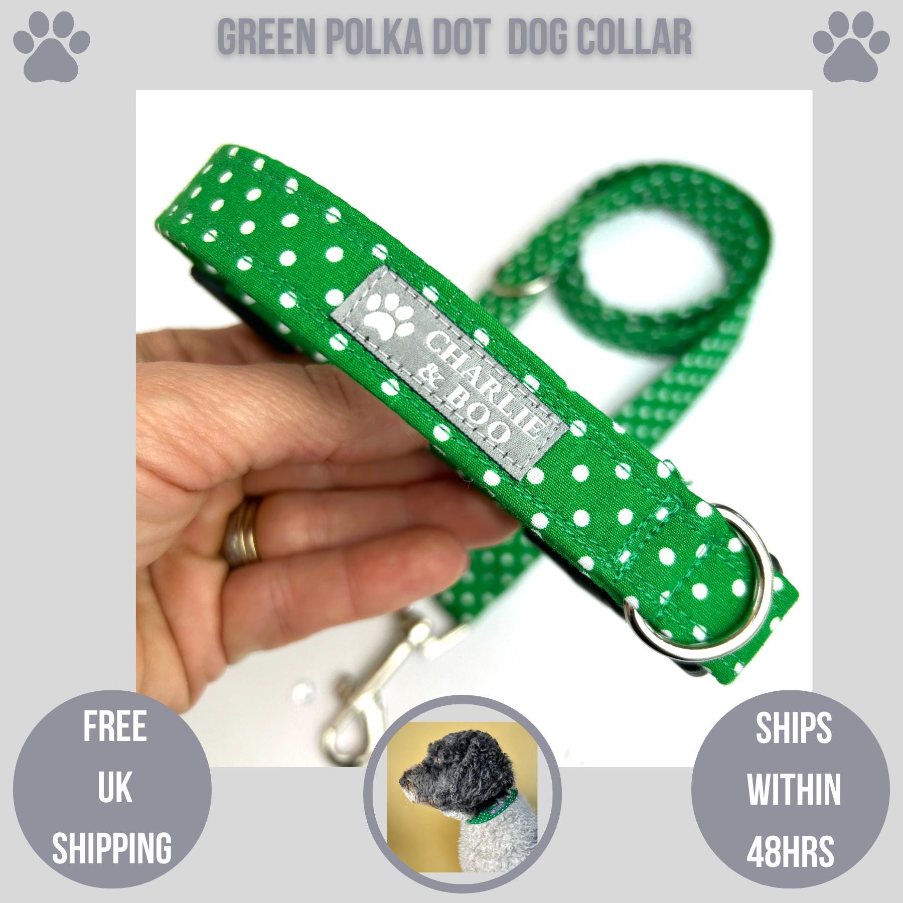 Green polka dot dog collar, Girl or boy dog collar, Puppy collar, Fabric dog collar, Dog birthday, Dog mom, Gifts for dogs, Cute collar