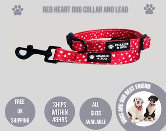 Red heart dog collar and lead, Heart dog collar and lead, Red dog collar and lead, Love heart dog collar and lead, Red dog collar and leash