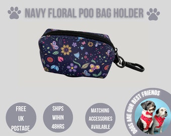 Navy floral dog poo bag holder, dog poo bag dispenser, dog poo bag holder, dog poo bag holder, floral poo bag, Floral dog poo bag holder