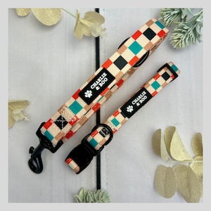 Patchwork orange and green padded dog collar and lead set, Cute plaid collar and leash for girl or boy dogs, Dog walking accessories,