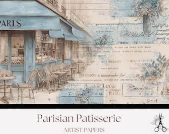 May include: An artistic rendering of a Parisian patisserie with a blue awning and the word "PARIS" above the entrance. The image features outdoor seating, a floral arrangement, and vintage script details. The text "Parisian Patisserie" and "Artist Papers" are also visible.