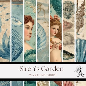 Siren's Garden デジタル和紙テープストリップ - ヴィンテージ風マーメイド風プリント可能なエフェメラ。ジャンクジャーナルやコラージュに。
