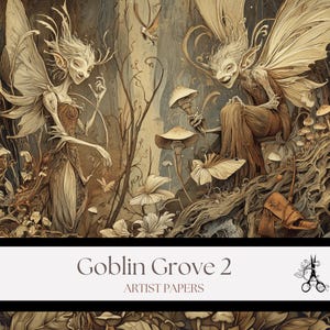 Puede incluir: Ilustración de dos hadas con grandes alas en un entorno forestal. La obra de arte presenta una paleta de colores apagados de marrones y beiges, con setas y otros elementos forestales. El texto "Goblin Grove 2" y "Artist Papers" está en la parte inferior.