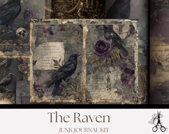 May include: A collage-style junk journal kit titled "The Raven." The design features illustrations of black ravens, purple roses, and antique-style script on a muted gray and purple background. The kit includes various decorative elements.