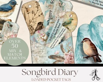 Kit de Etiquetas de Bolso com Pássaros em Estilo Shabby Chic: Projeto de Efêmeros para Diário de Arte Floral Vintage (Download Digital)