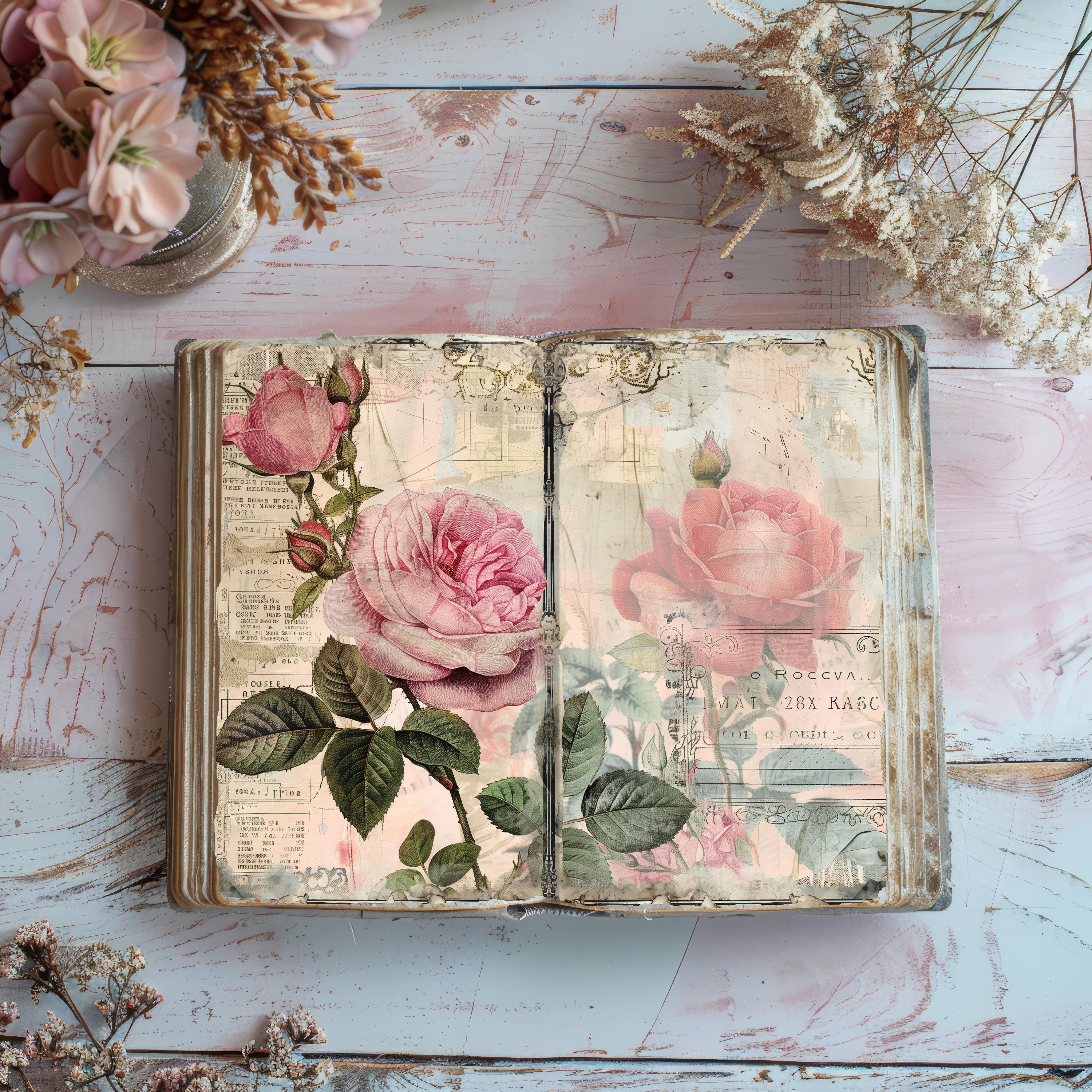 French Shabby Chic Junk Journal Kit: Faded Roses Ephemera (digital ...