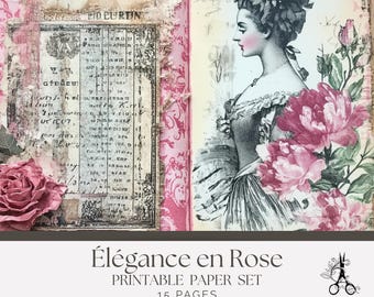 Papel para Diário de Arte Floral Francês – Elegância em Rosa - Páginas Shabby Chic (Download Digital)