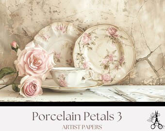 Pétalas de Porcelana 3 Páginas para Diário de Arte: Papéis de Fundo Imprimíveis em Estilo Shabby Chic com Tema de Porcelana (Download Digital)