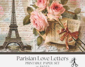 Papel digital com cartas de amor francesas vintage | Fundos românticos de Paris para diários de arte (Download digital)