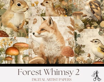 Woodland Junk Journal Kit: Forest Animals, Mushrooms (Digital Download, Printable Pages Set 2)