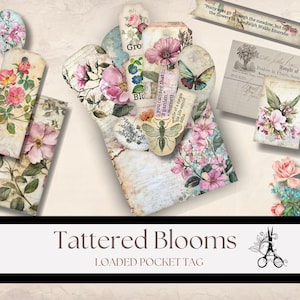 Pochette pour étiquettes botanique florale d'inspiration vintage Tattered Blooms : téléchargement d'oeuvres d'art pour collage de journal indésirable shabby chic