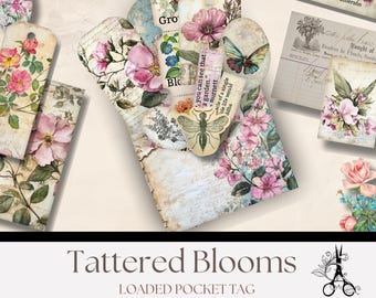 Tattered Blooms Vintage-Inspired Floral Botanical Tag Pocket: Shabby Chic Junk Journal Colagem de arte para download