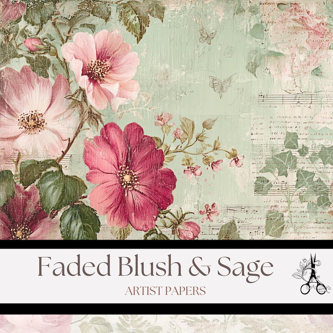 Vintage Shabby Chic Rose Collage: Faded Blush & Sage Digital Paper for ...
