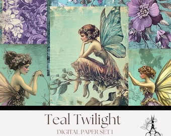 Conjunto de papel digital floral Teal Twilight Fairy encantador 1: designs de scrapbook inspirados no vintage para impressão