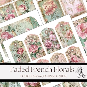 Fólio e itens para impressão com inspiração vintage e florais franceses desbotados para scrapbooking e diário