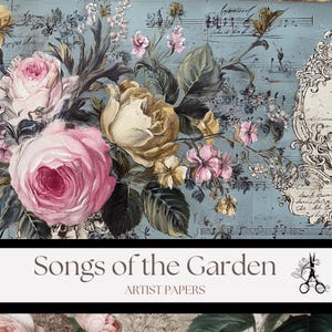 May include: A floral artwork featuring a bouquet of pink and yellow roses with green leaves against a light blue background with musical notes. The text "Songs of the Garden" and "Artist Papers" are displayed at the bottom.