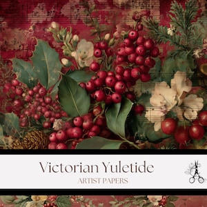 Può includere: Carte artistiche a tema natalizio vittoriano. L'immagine mostra uno sfondo rosso intenso adornato da note musicali, foglie di agrifoglio e bacche rosse brillanti. Il testo recita "Victorian Yuletide" e "Artist Papers".