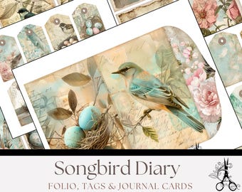 Kit de Efêmeros para Diário de Pássaros Cantores, Álbum Shabby Chic e Diário de Arte com Etiquetas (Download Digital)