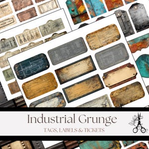 May include: A collection of vintage-style tags, labels, and tickets with an industrial grunge aesthetic. The designs feature aged paper textures, metal accents, and blueprint-style illustrations. The text "Industrial Grunge" and "TAGS, LABELS & TICKETS" are displayed.