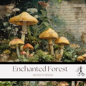 May include: An artistic rendering of an enchanted forest scene featuring several mushrooms with tan and orange caps. The background includes handwritten script, white flowers, and lush greenery. The text "Enchanted Forest" and "Artist Papers" are at the bottom.
