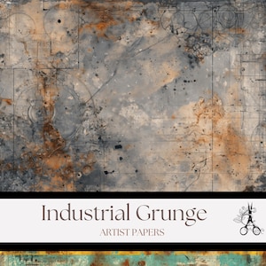 May include: Abstract industrial grunge design in grey, orange, and black. The image shows a textured surface with geometric shapes and splatters. The text "Industrial Grunge" and "Artist Papers" are displayed at the bottom of the image.