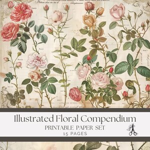 Vintage Floral Junk Journal-papper – Illustrerade blomsterkompendium Shabby Chic-sidor (digital nedladdning)