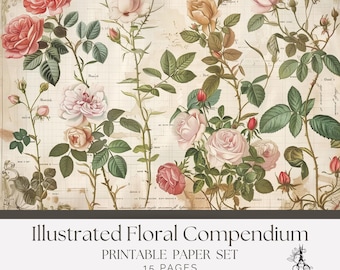 Vintage Floral Junk Journal Paper –Illustrated Flower Compendium Shabby Chic Pages (Digital Download)