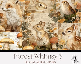 Woodland Junk Journal Kit: Forest Animals, Mushrooms (Digital Download, 8.5x11in